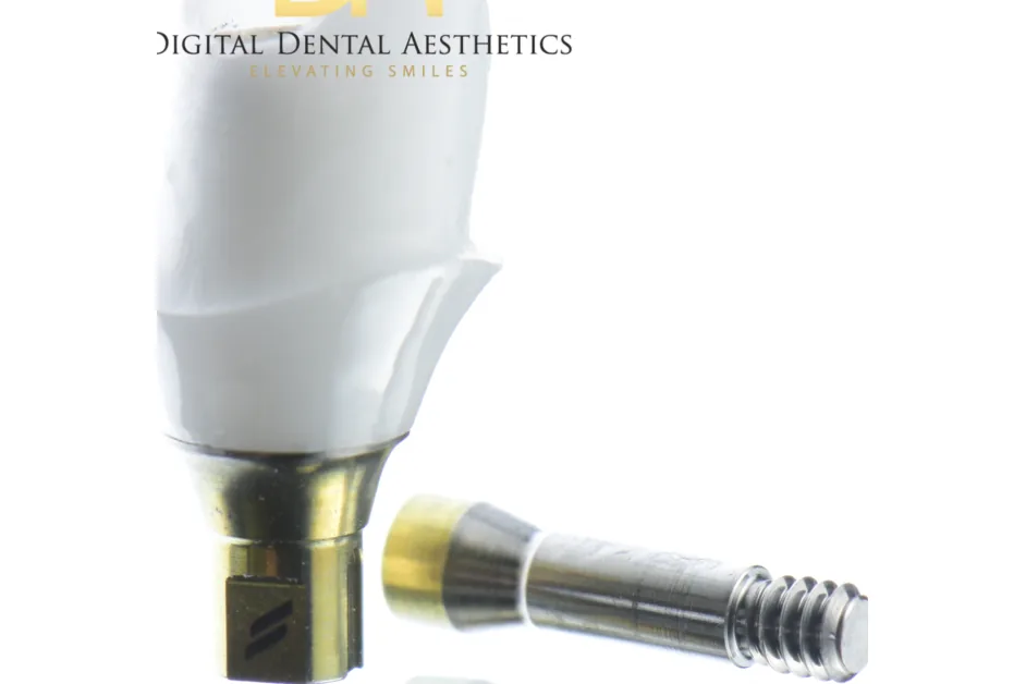 A ceramic abutment and its retaining screw on a reflective white ground
